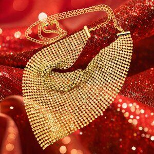 Gold Mesh Bib Necklace Statement Disco Glam Jewelry